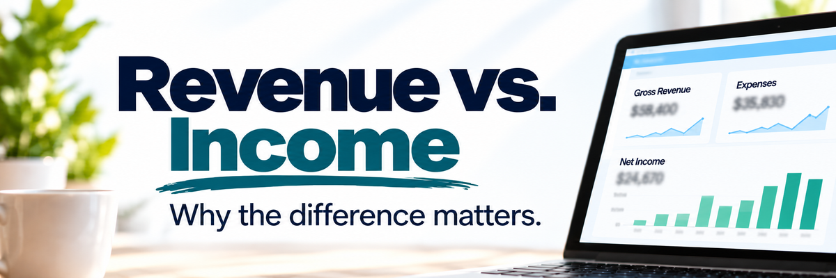 Revenue vs. income: why the difference matters, beside a laptop showing a bookkeeping dashboard.